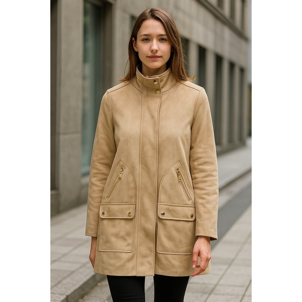 Magaschoni Jacket Womens Medium Camel Brown Faux Suede Trench Full Zip Front